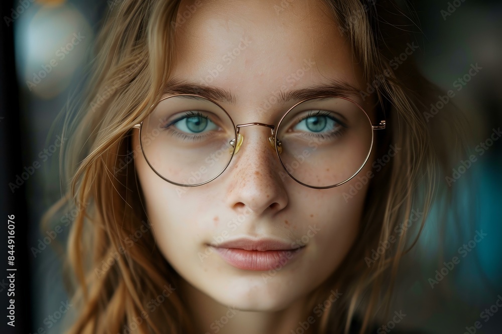 Close-up portrait of a serene and captivating young woman with clear eye contact, wearing stylish glasses and exuding confidence and beauty Close-up portrait of a serene and captivating young woman with clear eye contact, wearing stylish glasses and exuding confidence and beauty