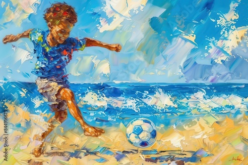 joyful mixedrace boy playing soccer on pristine sandy beach vibrant oil painting