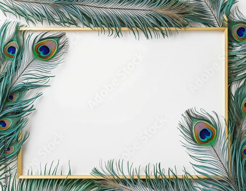 Obraz na płótnie Watercolor painting with generative AI creates a stunning layout featuring a border of transparent peacock feathers and negative space for design creativity w salonie