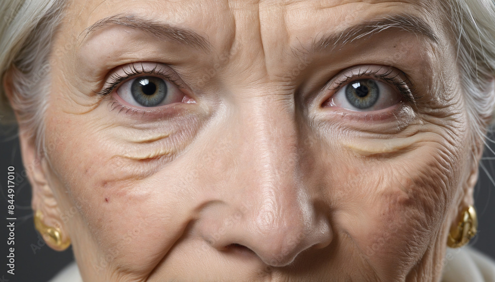 Close-up portrait of an elderly woman with expressive wrinkles and a tired look, showcasing the natural effects of aging on skin and eyes Close-up portrait of an elderly woman with expressive wrinkles and a tired look, showcasing the natural effects of aging on skin and eyes