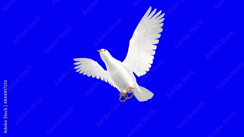 Wedding Dove - White Pigeon Bird with Two Golden Rings - Flying Loop - Low Angle View Close Up - 4K Blue Screen - Realistic artistic 3D animation isolated on chroma key background Wedding Dove - White Pigeon Bird with Two Golden Rings - Flying Loop - Low Angle View Close Up - 4K Blue Screen - Realistic artistic 3D animation isolated on chroma key background