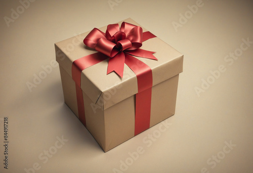 Rustic Christmas Present Tied with Ribbon and Kraft Paper Box Background