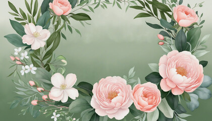 Elegant Watercolor Wedding Bouquet with Eucalyptus and Peony on Greenery Background