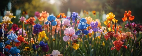 Blooming garden with colorful irises photo