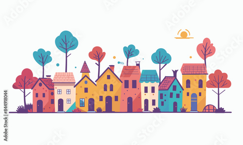 Colorful illustration quaint small town street cheerful cozy houses autumn trees. Sunset pastel colors peaceful neighborhood flat design. Residential calm village warm fall season clear sky