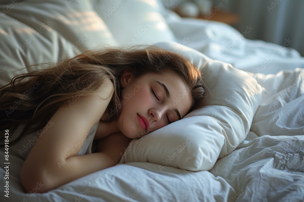 Young woman in a restful sleep, with soft morning light casting a warm glow on the bed Young woman in a restful sleep, with soft morning light casting a warm glow on the bed