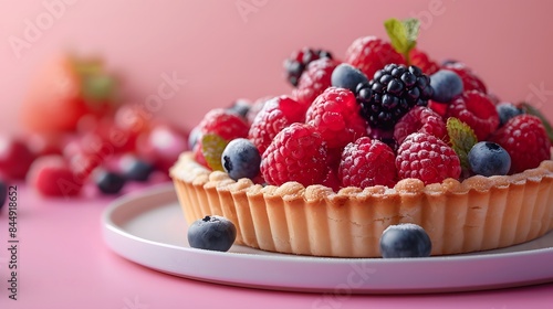a visually stunning portrait shot of a colorful fruit tart against a soft pastel backdrop