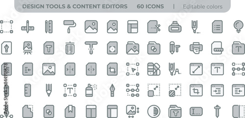 DESIGN TOOLS & CONTENT EDITORS 60 icons. Art, creativity and graphic design related  icons set isolated on white background flat vector illustration. 