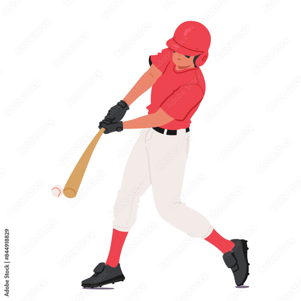 Batter Baseball Player Character In Red And White Uniform, Swinging A Wooden Bat To Hit A Baseball, Vector Illustration Batter Baseball Player Character In Red And White Uniform, Swinging A Wooden Bat To Hit A Baseball, Vector Illustration