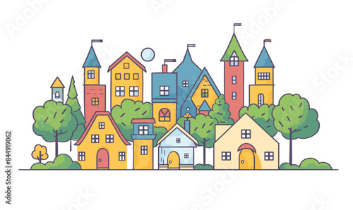 Colorful illustration whimsical cartoon houses trees forming lively village scene. Quaint townscape drawing towers, various roof shapes, warm colors. Artistic stylized community depicting diverse