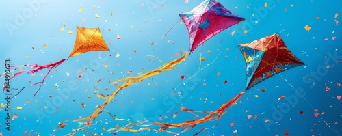 Brightly colored kites flying high