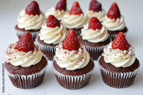 Chocolate cupcakes with strawberry topping and cream, set against a white background, highlighting a classic and delicious dessert