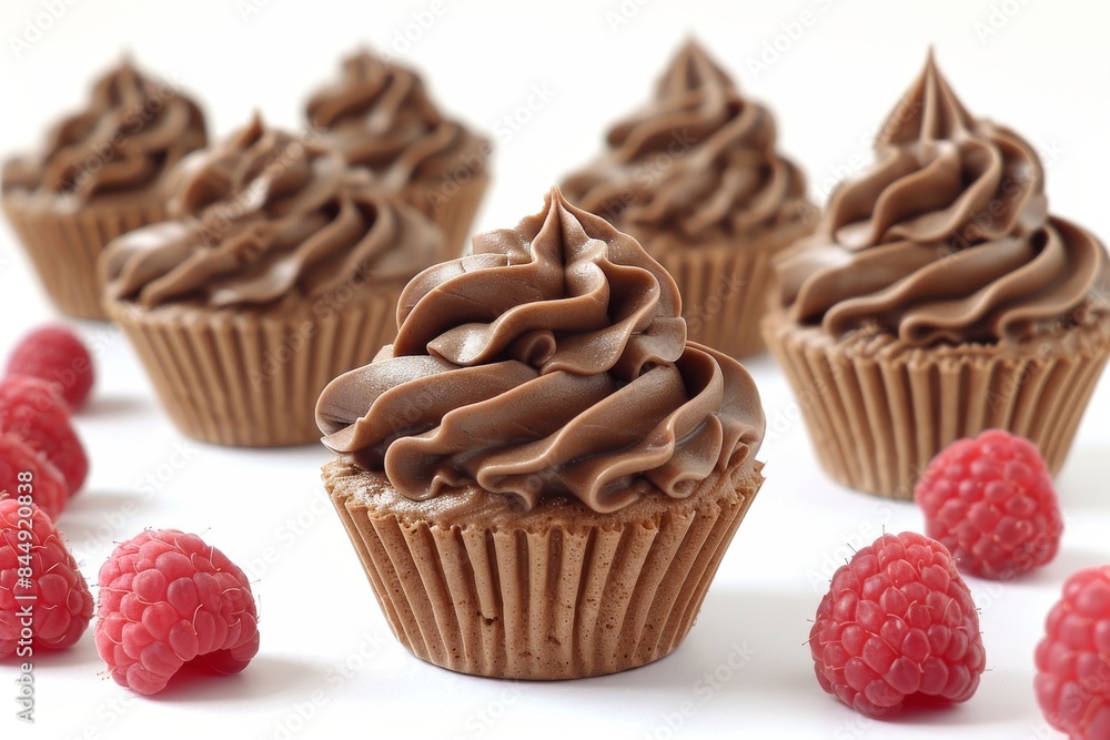 Chocolate mousse cups topped with fresh raspberries, set on a white background, highlighting a rich and indulgent dessert Chocolate mousse cups topped with fresh raspberries, set on a white background, highlighting a rich and indulgent dessert