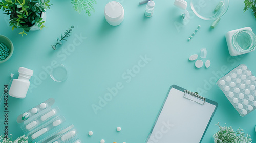 Various pharmaceutical items arranged on a pastel background