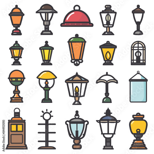 Set various street lamps lanterns, colorful vector icons graphic design. Collection consists different styles light fixtures urban home environments. Detailed illustrations showcasing diverse