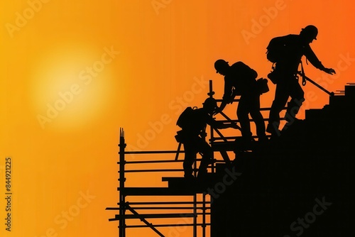 silhouetted construction workers collaborating on a project symbolizing teamwork progress and the building of future vector illustration
