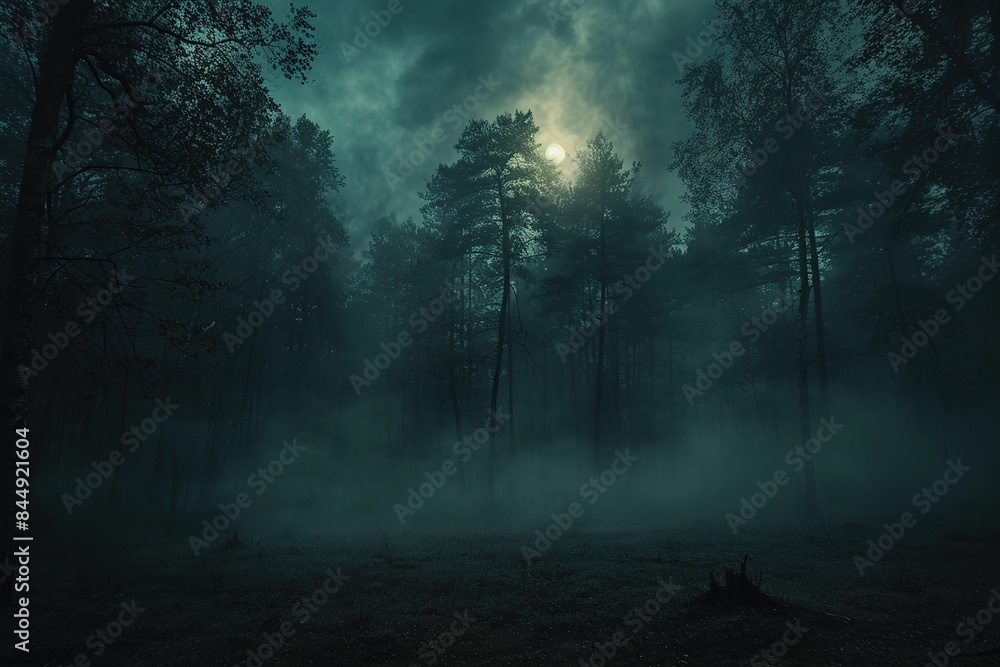 Background for Halloween. Dark mysterious forest on a spooky night Background for Halloween. Dark mysterious forest on a spooky night