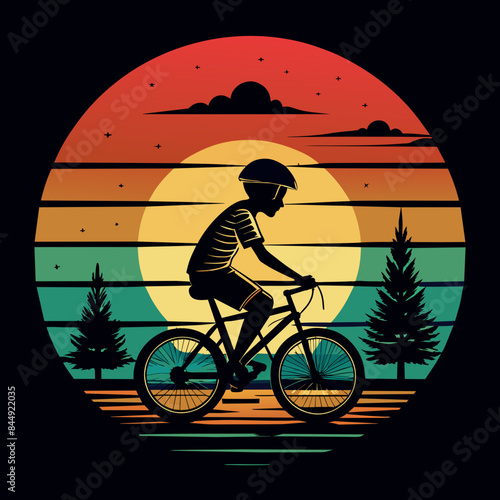 Vector t-shirt design Vintage retro sunset distressed black style design, a boy is riding a bycicle in the grass 