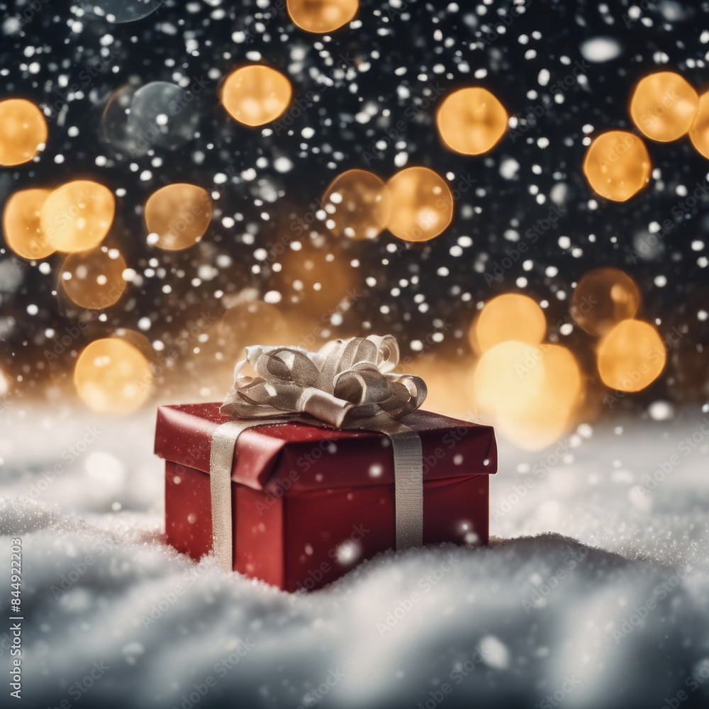 Snow Falls on a Gift for Christmas Background Snow Falls on a Gift for Christmas Background
