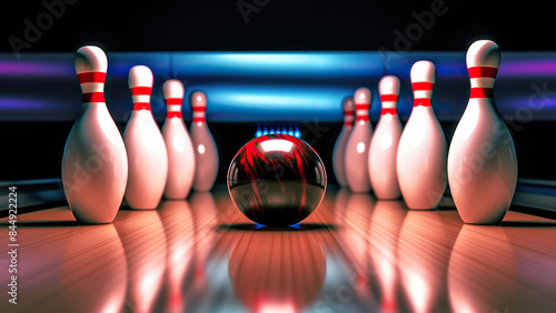 Bowling Ball Aiming at Pins with Blue Neon Lights