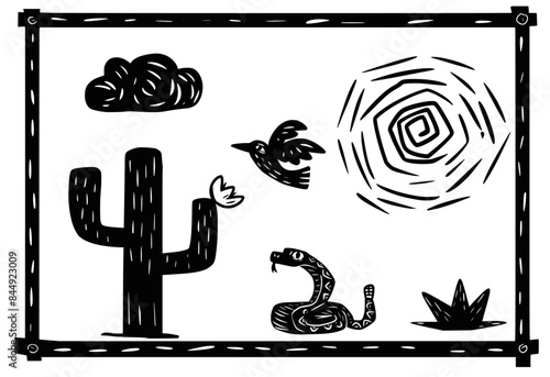 Scene from the northeastern backlands. Desert nature elements, snake, tree, cactus and scorching sun. woodcut style