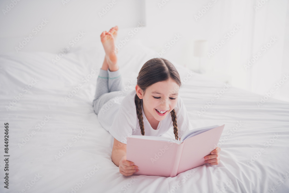 Portrait of adorable lovely homey girl lying reading book own bedroom flat white light room interior indoors Portrait of adorable lovely homey girl lying reading book own bedroom flat white light room interior indoors