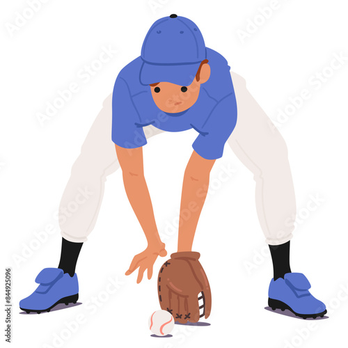 Baseball Player Fielder Character In Action Fielding A Ground Ball While Wearing A Glove And Uniform Vector Illustration