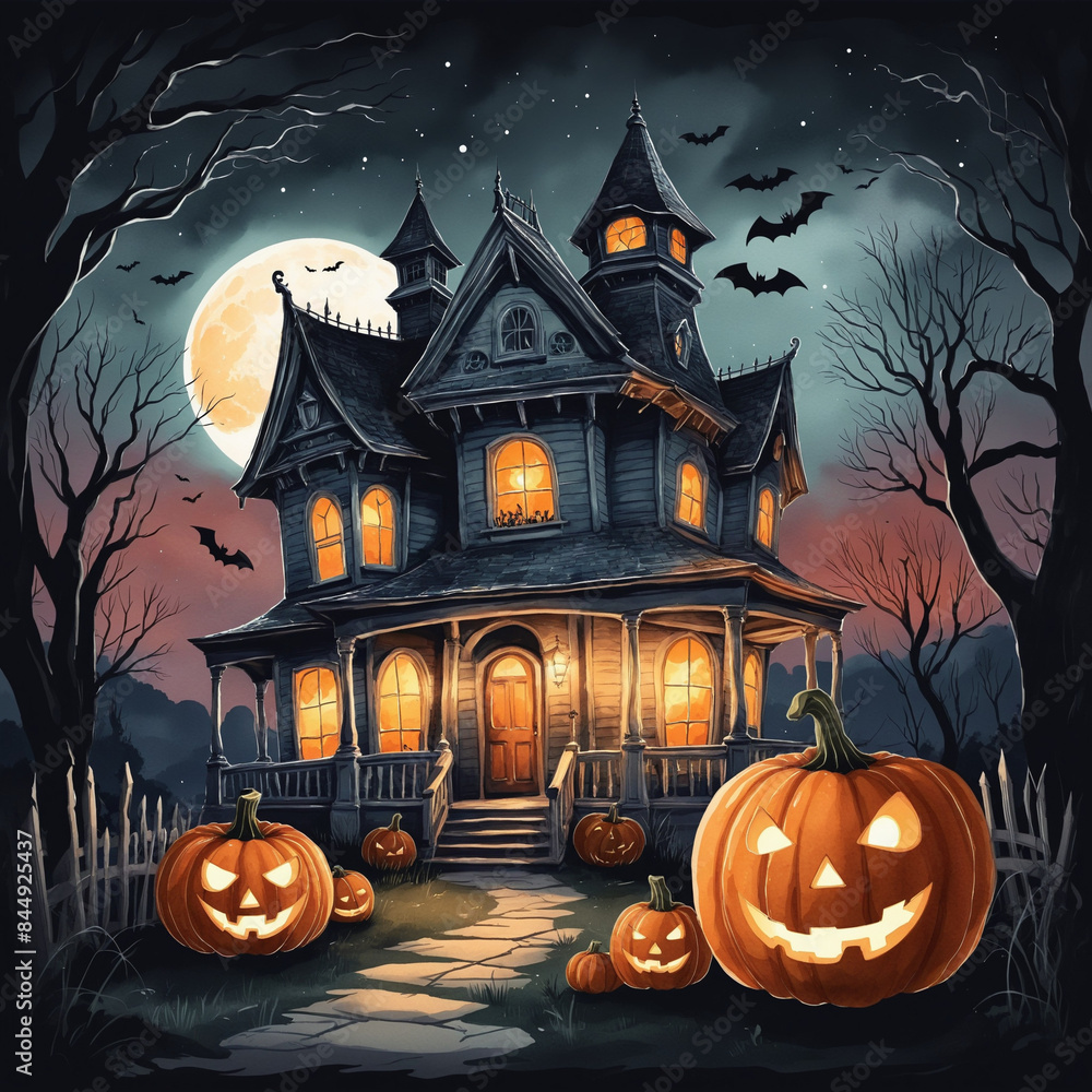 Creepy Halloween night illustration featuring a haunted house, pumpkins, and spooky elements in watercolor style on a white background Creepy Halloween night illustration featuring a haunted house, pumpkins, and spooky elements in watercolor style on a white background