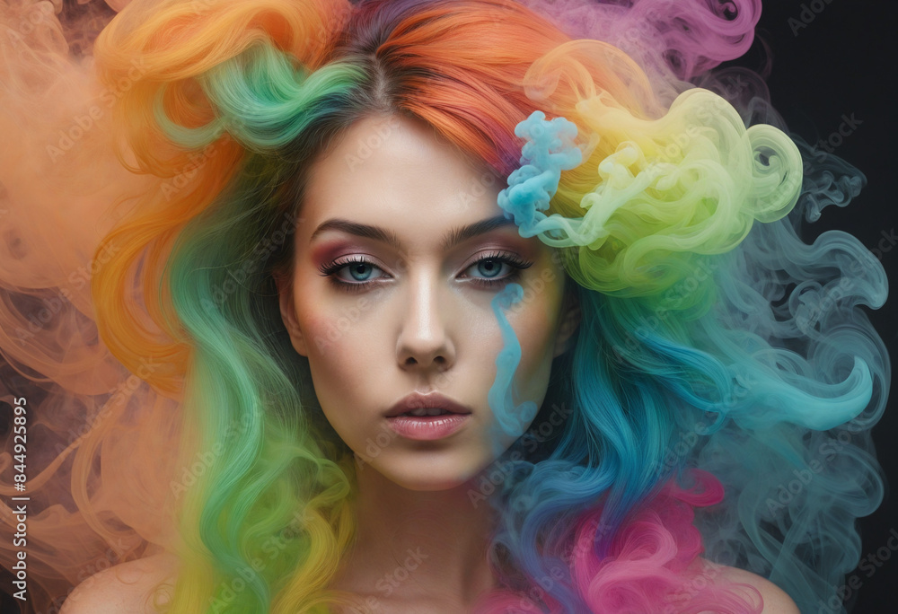Abstract Portrait of a Beautiful Woman Surrounded by Vibrant Multicolored Smoke Created through Generative AI Abstract Portrait of a Beautiful Woman Surrounded by Vibrant Multicolored Smoke Created through Generative AI