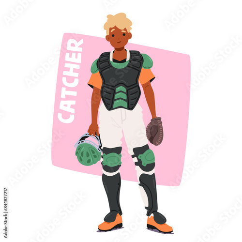 Baseball Catcher Character In Full Protective Gear Including A Chest Protector, Leg Guards, And A Catcher Mitt, Vector