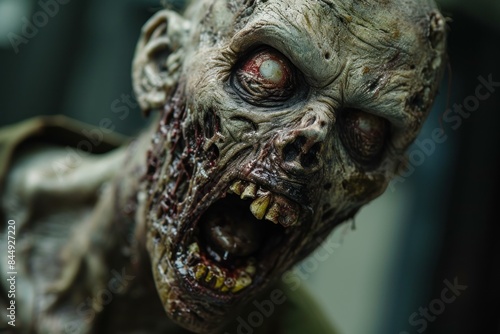 Terrifying close-up of a creepy zombie head with detailed makeup and prosthetic face, perfect for horror-themed cinematic film and halloween costume character © juliars