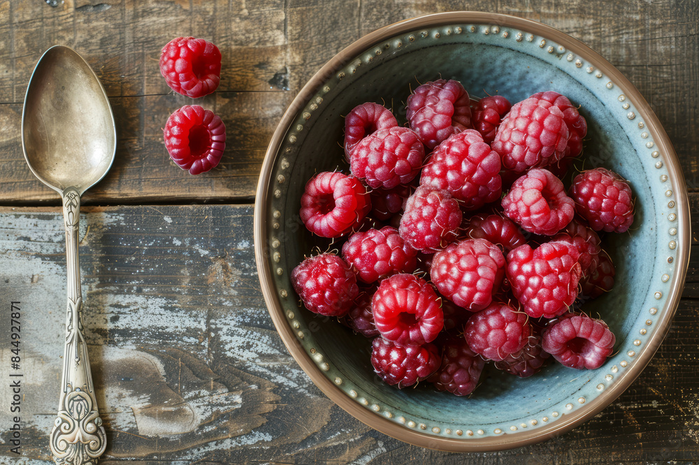 A bowl of ripe raspberries on a rustic wooden table next to a vintage spoon, evoking a farm-to-table aesthetic with a cozy feel.. AI generated. A bowl of ripe raspberries on a rustic wooden table next to a vintage spoon, evoking a farm-to-table aesthetic with a cozy feel.. AI generated.