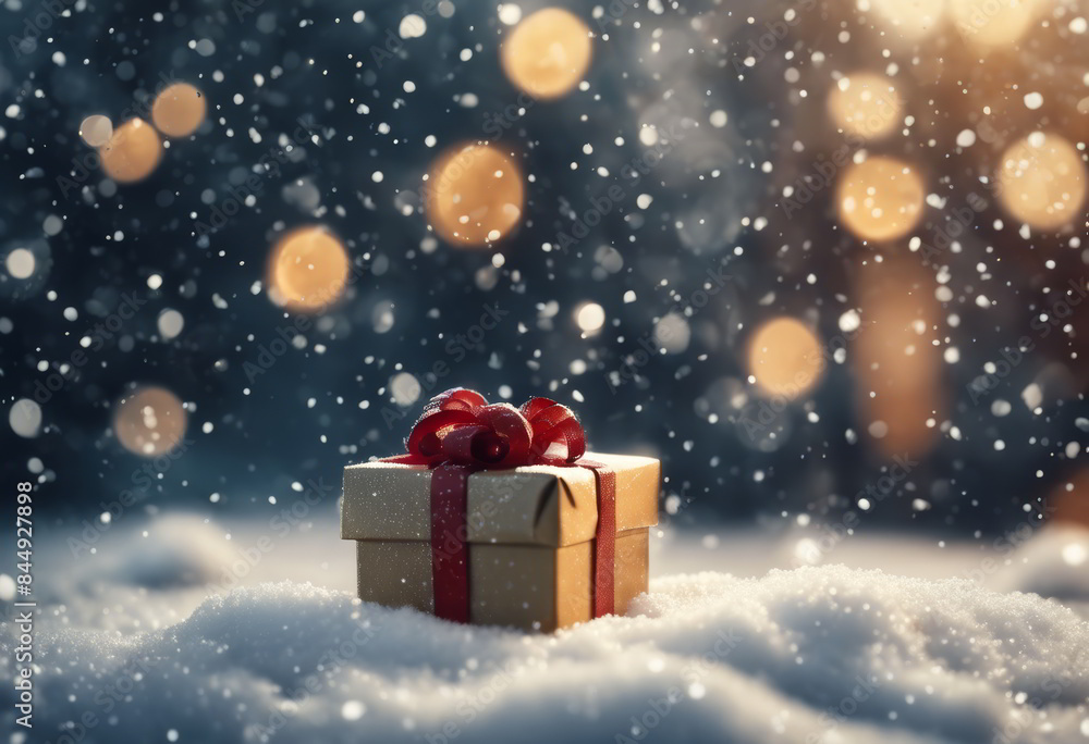 Snow Falls on a Gift for Christmas Background Snow Falls on a Gift for Christmas Background