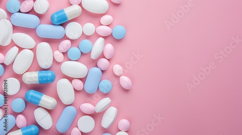 Assorted white and blue pills on pink background with space for text Various medicines