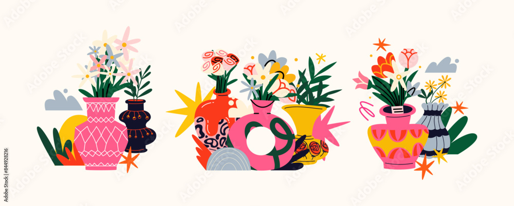 Fototapeta premium Abstract flower composition in vases, bouquets, plants. Botanical elements, cartoon decorative foliage. Blooming bouquets and abstract shapes in retro groovy doodle style