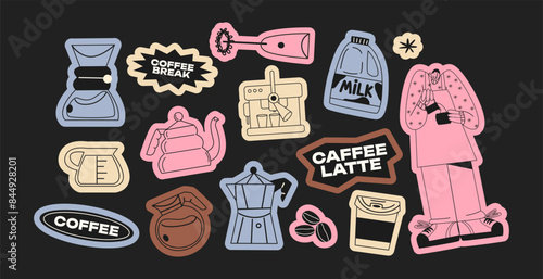 Coffee stickers and barista characters.Coffee makers, kettles,  brewing, arabica coffee, glass,espresso,cappuccino, beans.Graphic doodle minimalist retro icons.Coffee shop patches