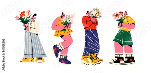 People with bouquets of flowers. Cartoon mascots with various bouquets of peonies, daisies, tulips. Holiday gift: mother's day, women's day, valentine's day. Vector doodle groovy characters