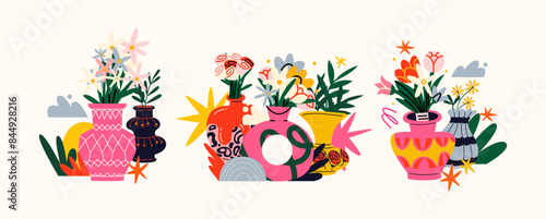 Abstract flower composition in vases, bouquets, plants. Botanical elements, cartoon decorative foliage. Blooming bouquets and abstract shapes in retro groovy doodle style
