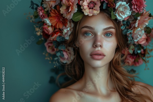 young woman with a wreath of flowers on her head Generative AI © València