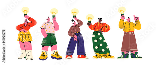 People find solution, brilliant idea, lightbulb. Cartoon characters working as team, solving a problem, business idea, brainstorming, finding 
 solution. Creative thoughts and inspiration.