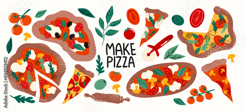 Italian pizza with basil, tomatoes and mozzarella. Pieces of pizza, a set of ingredients, various toppings. Vegetables, cheese,salami, sauce. Cartoon doodle illustration for restaurant and cafe
