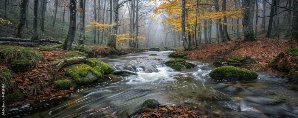 Fototapeta premium Forest brook with moss-covered rocks