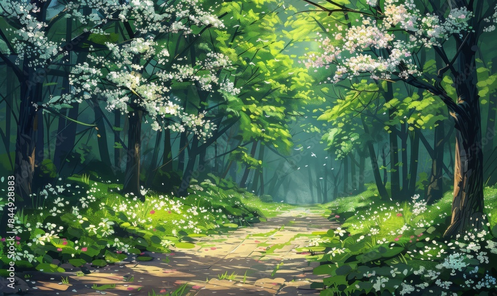 Fototapeta premium Forest path with blooming trees