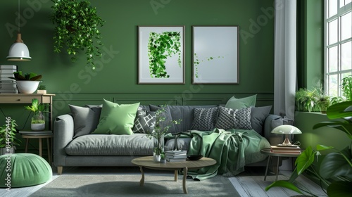 Cozy green home interior with sofa, table and decor in living room.