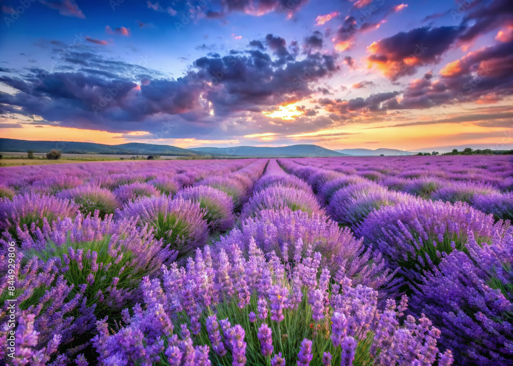 Stunning lavender field in full bloom at sunset, with vibrant purple flowers stretching towards a dramatic sky. Stunning lavender field in full bloom at sunset, with vibrant purple flowers stretching towards a dramatic sky.