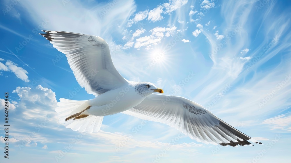 Fototapeta premium Seagull soaring against blue sky with empty space