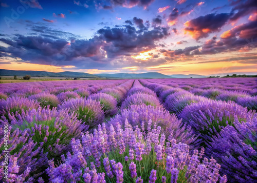 Stunning lavender field in full bloom at sunset, with vibrant purple flowers stretching towards a dramatic sky.