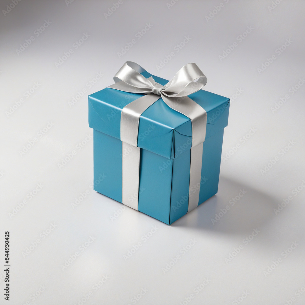 Obraz premium Shiny blue present box adorned with a silver ribbon