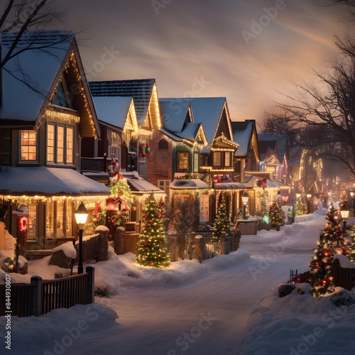 Christmas houses in the snow at night. Blurred background. Christmas decorations.