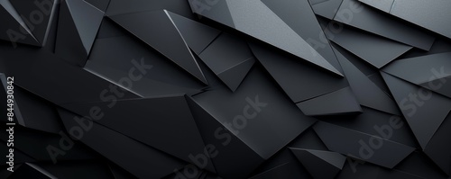 Abstract texture dark black gray background banner panorama long with 3d geometric triangular gradient shapes for website, business, print design template metallic metal paper pattern, Generative AI